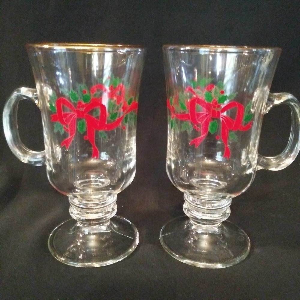 2 Vintage Libbey Clear Glass Pedestal Christmas Bow Irish Coffee Mugs Gold Trim